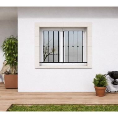 Grille fenêtre de sécurité en acier sur-mesure, 2 lisses, barreaux en fer ronds, et bague de décoration