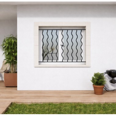 Grille de fenêtre  de sécurité en acier sur-mesure, 2 lisses en fer plats, barreaux en fer carré cintrés. Couleur au choix